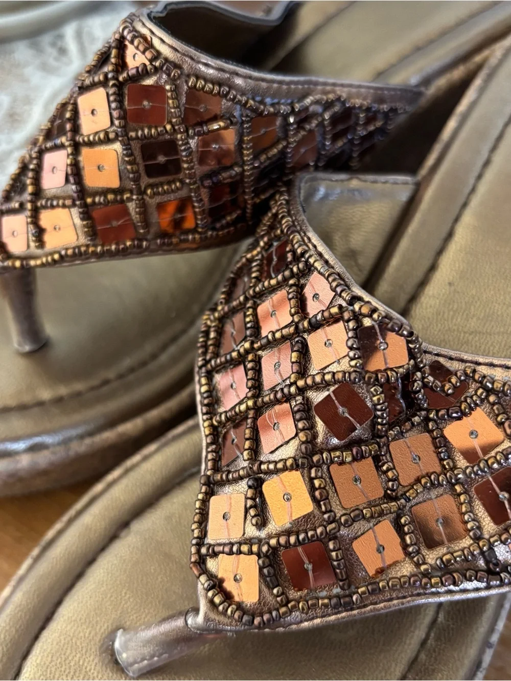 Copper and Bronze Beaded Wedge Thong Sandals